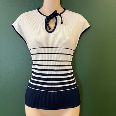 vintage 70s striped sweater navy sleeveless keyhole blouse large 