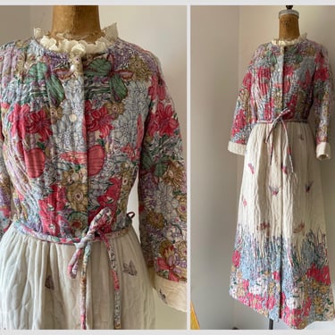 Vintage 1960’s soft quilted house dress | butterfly & floral print house coat, ‘60s garden border print skirt, S 