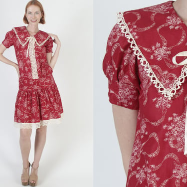 Jessica McClintock Red Floral Dress, Plain Lace Gunne Sax Drop Waist, Victorian Style Large Sailor Collar 