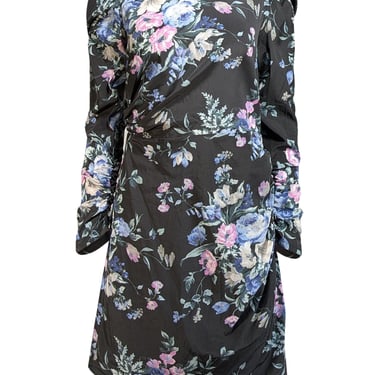 Zimmermann - Black w/ Pink & Blue Floral Print Ruched Draped Silk Dress Sz 8