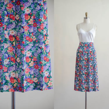 red floral midi skirt | 80s purple bright floral pleated vintage skirt 