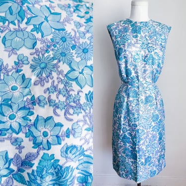 Vintage 1960s Blue Silk Floral Wiggle Dress / XS 