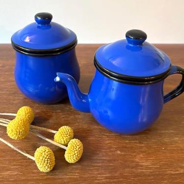 Vintage Enamelware Small Personal Size Teapot Set | Royal Blue Enamel Black Trim | Rustic Cottage Creamer & Sugar | Made in Japan | Set of 2 