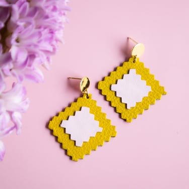 Ravioli Earrings in Ochre + Pink - Geometric Upcycled Leather Square Earrings 