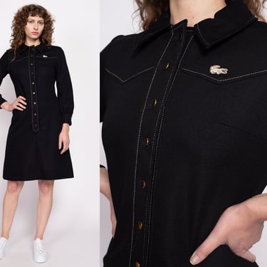 70s Chemise Lacoste Black Mini Dress - Medium | Vintage Long Sleeve Retro Tennis Shirtdress 