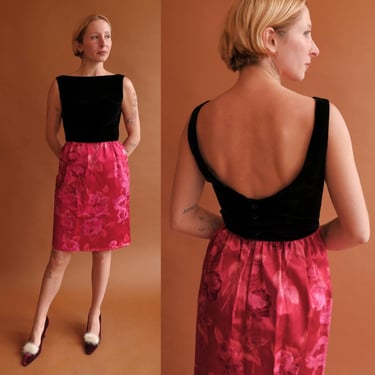 Vintage 60s Backless Rose Print Cocktail Dress/ 1960s Open Back Mini Dress/ Size XS 24 