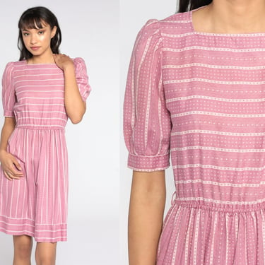Pink Striped Dress Puff Sleeve Dress 80s Secretary Dress Geometric High Waisted 1980s Vintage Knee Length Extra Small xs 