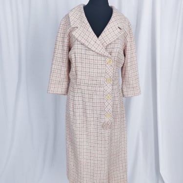 Vintage 1960s White Pink Grey Plaid Dress // Shawl Collar Pencil Dress Secretary 