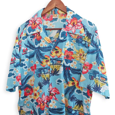 Hang Ten shirt / Hawaiian shirt / 1970s Hang Ten Hibiscus Palm Tree Aloha shirt short sleeve Large 