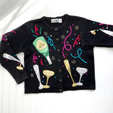 black novelty sweater 90s y2k vintage Paul Harris champagne cocktail party embroidered cardigan 