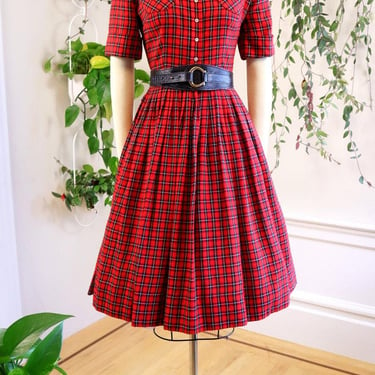 Vintage 1950s Shirt Dress | 50s Red Plaid Wool Tartan Checkered Button Up Fit and Flare Fall Winter Holiday Shirtwaist Day Dress | small 