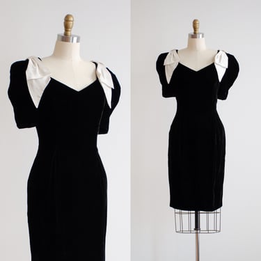 black velvet dress 80s 90s vintage crushed velvet puff sleeve satin bow party dress 
