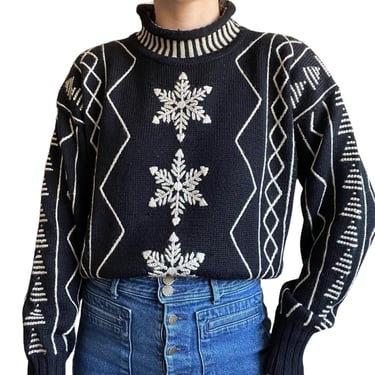 Vintage 80s Womens Nils Black White Wool Snowflake Mockneck Christmas Sweater M 