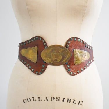 1970s Wide Leather and Engraved Brass Studded Belt 