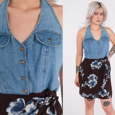 Floral Denim Dress 90s Mini Halter Neck Jean Grunge Dress Vintage Summer 1990s Button Up High Waist Ditsy Sleeveless Blue Medium 