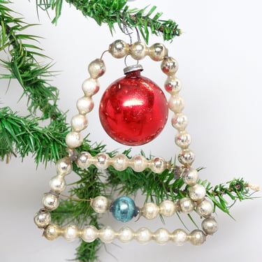 Antique Mercury Glass Beads Bell Christmas Tree Ornament, Vintage Beaded Glass 