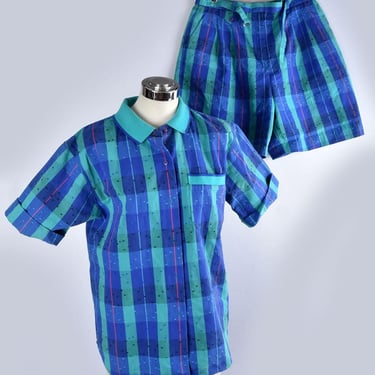 80's IZOD Club Matching Set Preppy Blue Plaid Shorts & Matching Polo Shirt, Womens 14 MEDIUM, Vintage, RARE  Short Pant Suit 