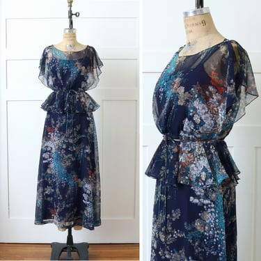 vintage 1970s blue floral full length dress • dreamy sheer chiffon summer formal dress 