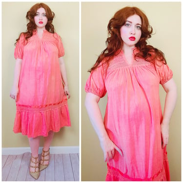 1970s Vintage Coral Pink Gauze Swing Dress / 70s  / Crochet Lace Puffed Sleeve Cotton Dress / One size 