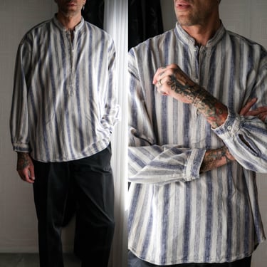 Vintage 80s GEOFFREY BEENE Indigo Hopsack Linen Henley Boxy Billowy Dress Shirt | Linen/Cotton | 1980s Designer Mens Grandad Henley Shirt 