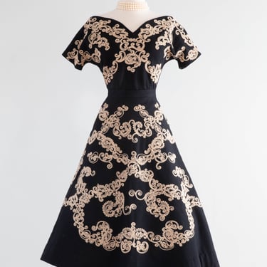 Glorious 1950's Austrian Black Wool Two Piece Top &amp; Skirt Set / SM