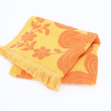 Vintage 60's / 70's Bright Orange Decorative Floral Small Bath Towel / Large Hand Towel - Two Tones of Orange - Fluffy 