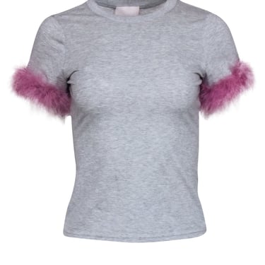 Cinq a Sept - Grey T-Shirt w/ Pink Faux Feather Trim Sz XS