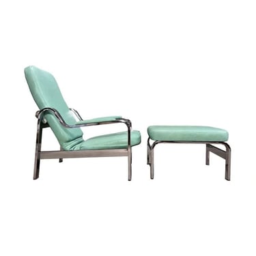 70's Teal Leather and Chrome Lounge Chair and Ottoman