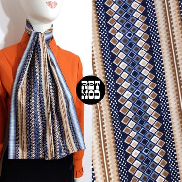 Nice Vintage 70s Blue Brown Diamond Geometric Stripe Patterned Long Scarf 