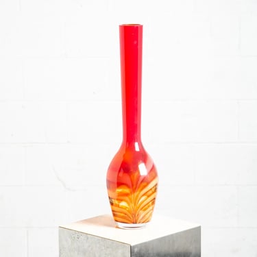 Mid Century Modern Art Glass Vase Red Amber Waterford Round Heavy Tall Evolution