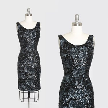 Vintage 50s black hand sequin wool wiggle dress | 1950s sequin cocktail dress 