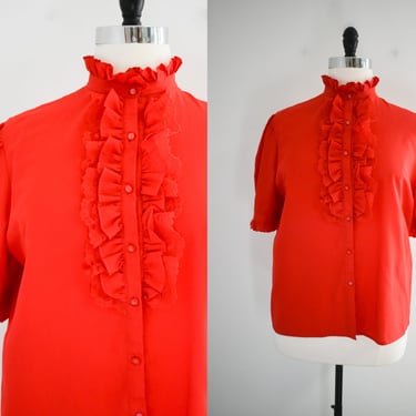 1980s Red Ruffled Blouse 