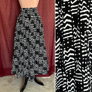 Vintage Skirt, Bold Black White Abstract, Midi, High Waist, Cotton 