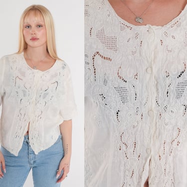 White Cutout Blouse 80s Floral Embroidered Button up Top Cutwork Shirt Cut Out Top Short Sleeve Hippie Bohemian Cotton Vintage 1980s Large L 