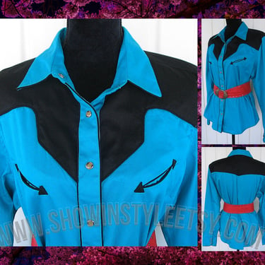 Vintage Retro Women's Cowgirl Shirt by RoughRider, Turquoise with Black Yokes, Traditionally Styled, Size XLarge (see meas. photo) 