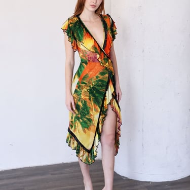 Vintage Jean Paul Gaultier 1990s Psychedelic Palm Tree Wrap Dress with Ruffle + Raffia Trim sz XS S Green Orange JPG Tattoo Print Y2K 