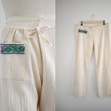 1970s Wrinkled Natural Cotton Drawstring Pants 