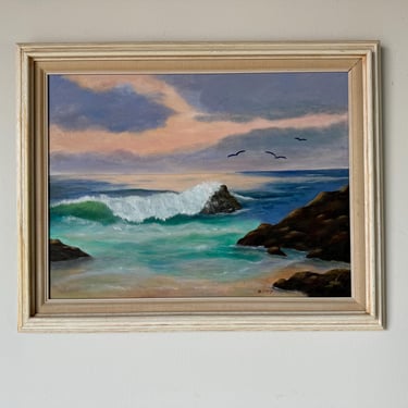 80's Vintage M. St. Onge Coastal Sunset Oil Painting, Framed 