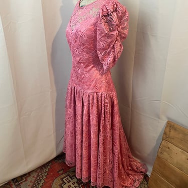 Pretty In Pink Dress 1980s Vintage Lace Formal Gown Satin S 