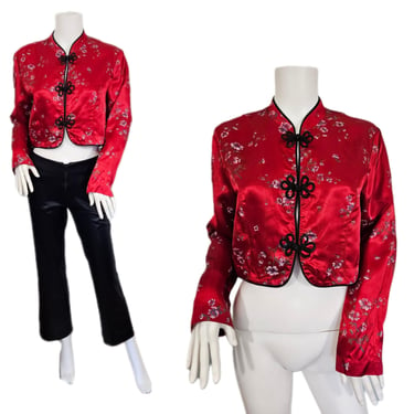 1990's Red Satin Floral Print Chinese Style Cropped Jacket I Sz Med I Sherri Martin 