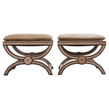 Pair of Neoclassical Style Curule Suede Stool Benches