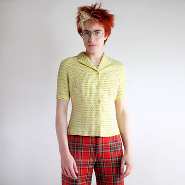 60s Striped Shirt, Vintage Short Sleeve Button Down Collared Shirt, Yellow Plaid Tartan Oxford, Retro Mod Blouse, Unisex ENBY Nonbinary Top 