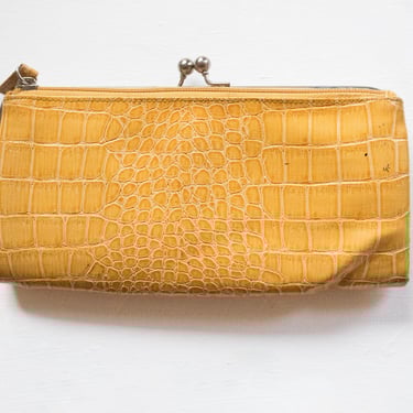 Vintage 00’s Mustard Yellow Faux Croc Snake Embossed Wallet Clutch w/ Pouch | Casual, Minimalist, Textured, Colorful / Vibrant, Bold, Spring 