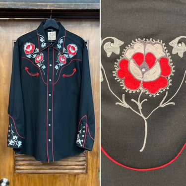 Vintage 1970’s “H Bar C” El Dorado Cowboy Western Poly Pearl Snap Button Size L Rockabilly Shirt, 70’s Embroidery, Vintage Clothing 