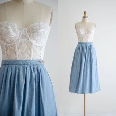 denim midi skirt | 80s 90s vintage light blue jean fit and flare skirt 