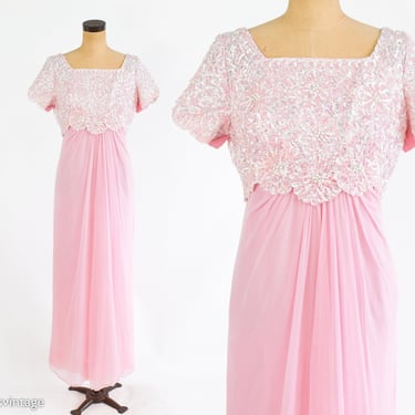 1960s Pink Sequin Chiffon Evening Dress | 60s Pale Pink Beaded Evening dress | Jackie O | Emma Domb | Small 