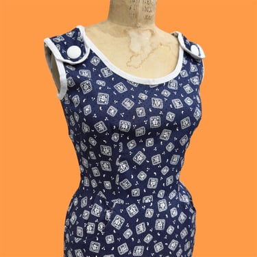 Vintage Dress Retro 1960s Handmade + No Size Tag + Navy Blue + Paisley Print + Bandana + Cotton + Summer House Dress + Womens Apparel 
