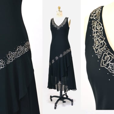 Vintage 00s Y2K Bias Cut Black Beaded Dress Black Chiffon Flower beaded Dress Medium Large// 90s Black Floral Beaded Dress Medium Large 