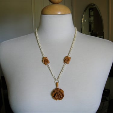 Vintage Carved Bakelite Butterscotch Rose Necklace With Celluloid Chain, Unusual Vintage Bakelite Necklace (#4084) 