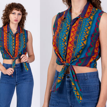 90s Tribal Tie Front Crop Top - Medium | Vintage Zig Zag Print Button Up Sleeveless Shirt 